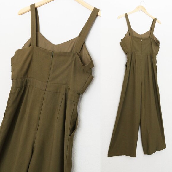 Moon River Olive Green Jumpsuit M Pleated Crisscross Cutout Wide Leg Pockets - Picture 14 of 16